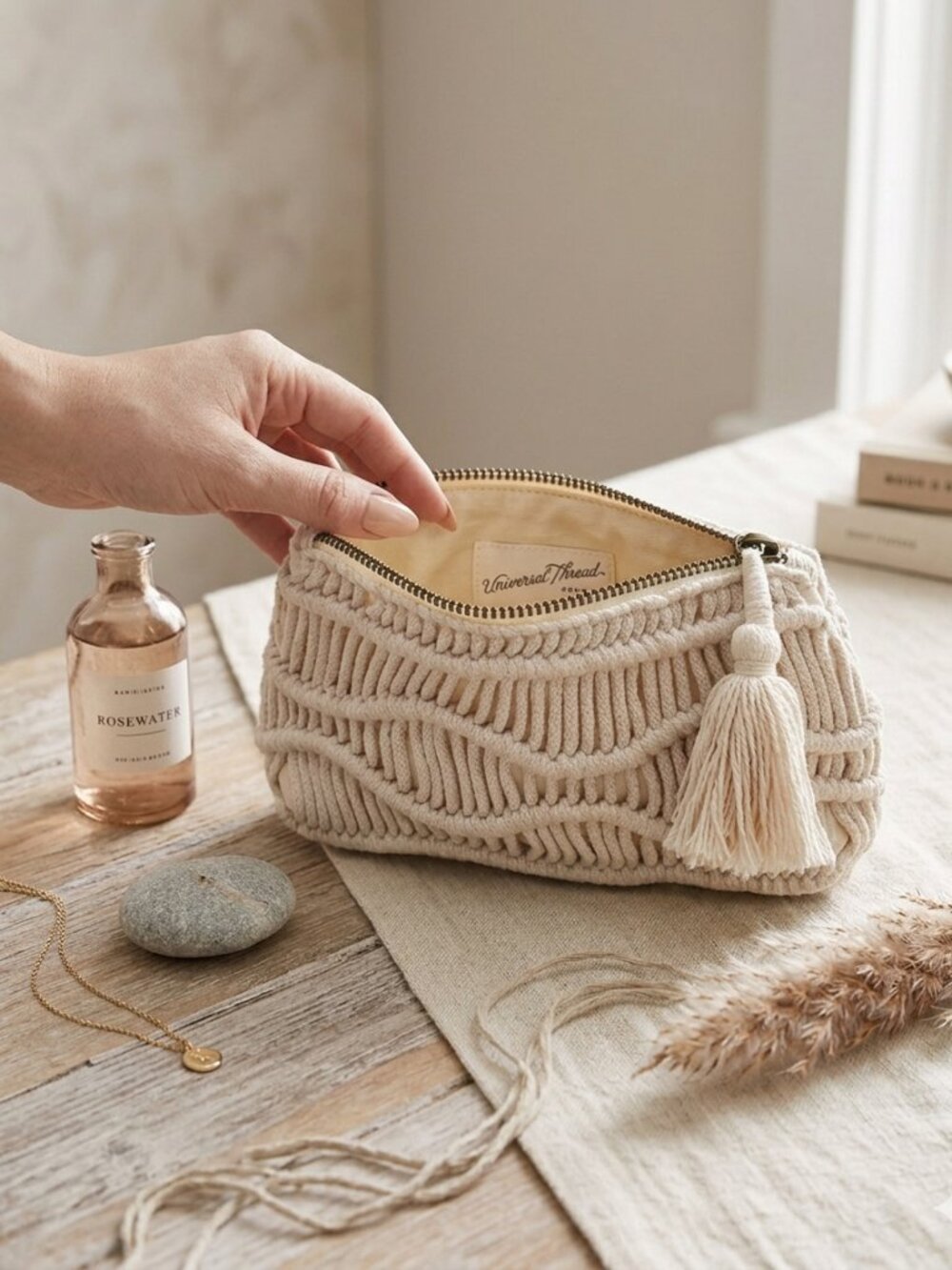Universal Thread Macrame Woven Clutch Pouch Cream Boho with Tassel